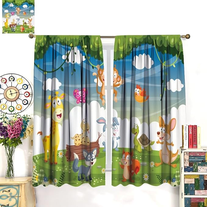 Animal Curtains, Cartoon Cute Woodland Jungle Forest Animals Pattern Blackout Window Treatments, Rod Pocket Thermal Insulated Drapes 2 Panel Sets for Kids Nursery Bedroom Classroom, 63" W X 72" L