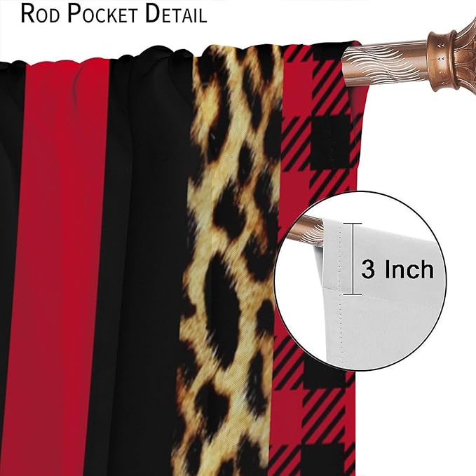 Leopard Skin Blackout Window Curtains, Brown Cheetah Red Black Plaid Stripe Print Window Drapes for Kids Boy Girls Bedroom Living Room 63" W X 63" L