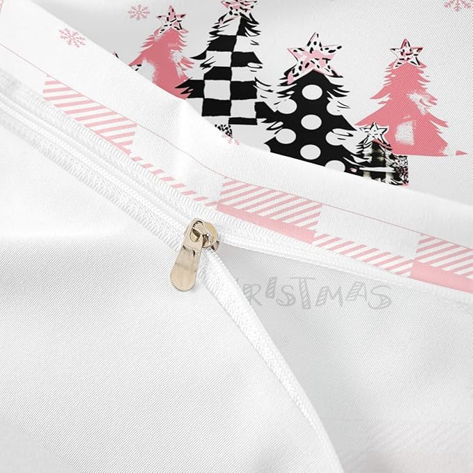 Merry Christmas Duvet Cover Set King Size, Pink Plaid Xmas Trees Bedding Set 3pcs, New Year Holiday Quilt Cover with Zipper Closures, Kids Girls Santa Claus Room Decor, 2 Pillowcases, No Comforter