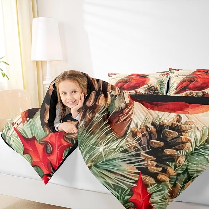 jejeloiu Kids Red Cardinal Comforter Set King Size Christmas Theme Bedding Set for Boys Girls Teens Xmas Birds Winter Rustic Wood Plank Animal Duvet Quilt Room Decor