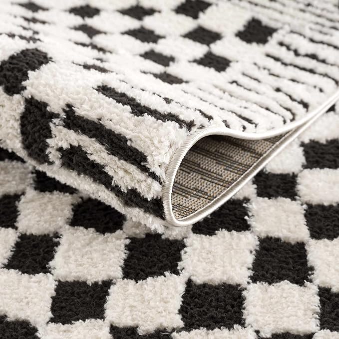 Hauteloom Leryn Contemporary Checkered Area Rug - Modern Geometric Bordered Carpet for Living Room, Bedroom - Checkboard Design - Square Tiles - High Pile - Black and White - Off White - 18" Sample