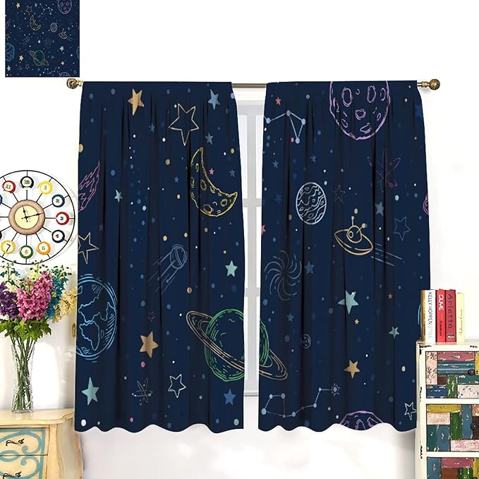 Navy Blue Space Curtains, Cartoon Outer Space Stars Planets Theme Galaxy Curtains for Kids Teens Bedroom Nursery Toddlers Room 72" W X 63" L