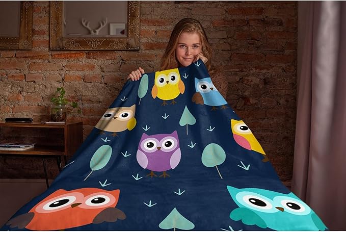 Thuswarm Cute Colorful Owl Flannel Blanket for Autumn Winter Gifts Warm Cozy Soft Funny Print Throw for Bed Couch Sofa 60”×50” Medium for Teen
