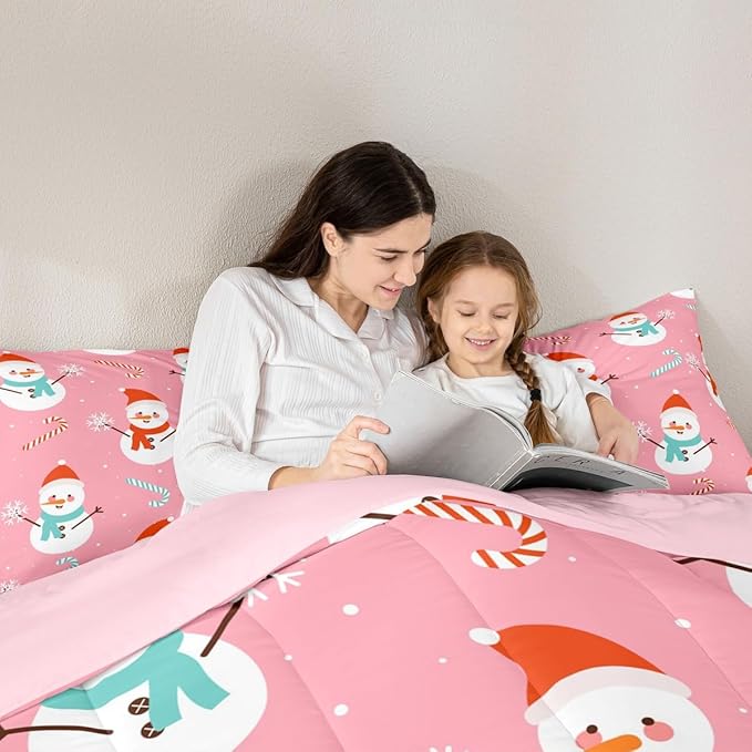 Feelyou Pink Christmas Bedding Set Soft for Boys Girls, Snowman Comforter Set King Size Snowflake Duvet Quilt Microfiber Candy Cane Bedroom Decor 3 Pcs with 2 Pillow Cases