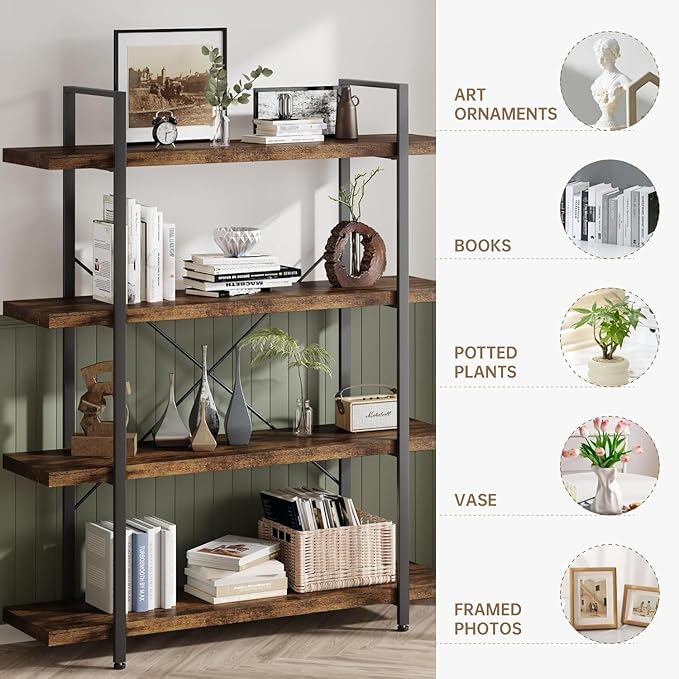 4 Tier Bookcase, 47 Inch Wide Wood Bookshelf, 120lbs Shelf Capacity, Rustic Open Shelving Industrial Display with Reinforced Horizontal Brown Shelves for Living Room Bedroom Office 2 Set