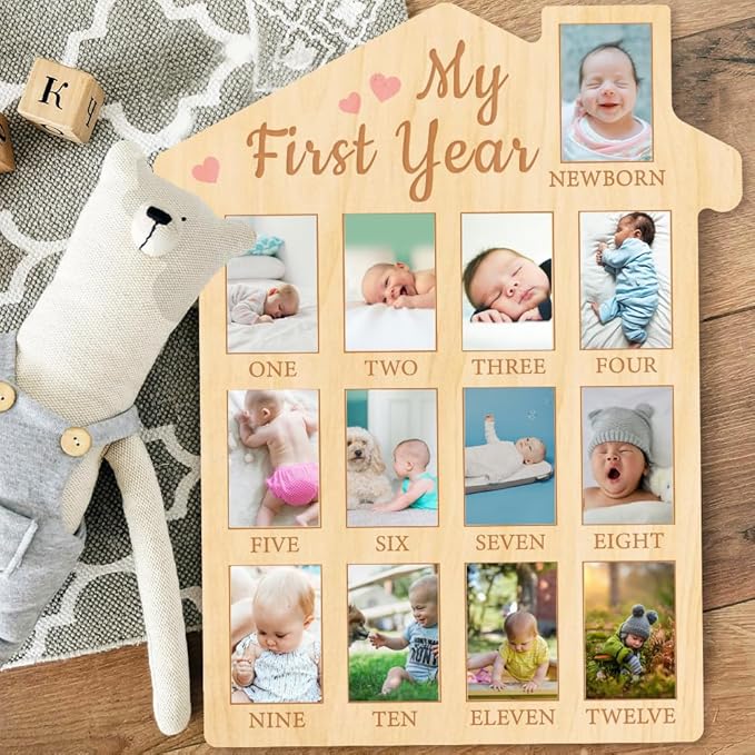 ORIGACH My First Year Baby Growth Photo Display Wood Board - 12 Months Newborn Milestones Photo Board - Neutral Baby Keepsake Frame 1st Birthday Party Nursery Decor New Mom Gift - Pink Heart