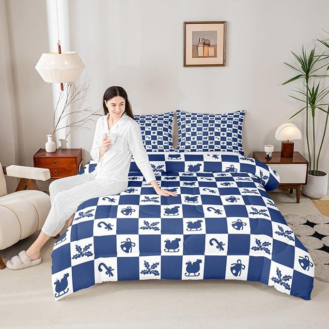Feelyou Christmas Comforter Set All Season Checkered Pattern Bedding Set with 2 Pillow Cases Holiday Theme Kids King Bedclothes Xmas Decor Room Decor Blue Duvet Quilt Breathable Soft Lightweight