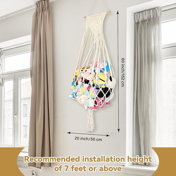 Stuffed Animal Storage, 5Ft Corner Hanging Stuffy Toy Hammock, Large Stuffed Animal Holder Organizer with Hooks, Macrame Plushie Net for Nursery Kids Playroom Bedroom Decoration (Cream)