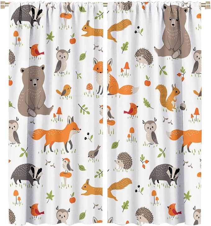 Forest Animal Curtains for Kids, Cartoon Safari Woodland Animals Window Treatments Cute Wild Jungle Bear Fox Deer Bear Window Drapes for Girls Boys Nursery Toddler Bedroom 52x84in