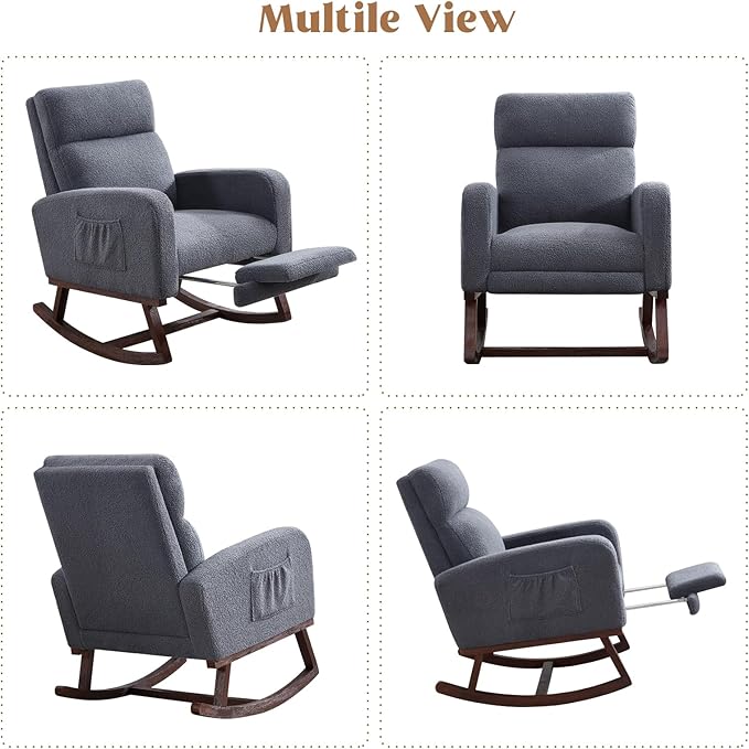Rocking Chair Nursery with Foot Rest, Teddy Nursing Rocking Chairs for Mom Breastfeeding, Rocker Glider Chair with High Backrest for Living Room, Bedroom, Blue Grey