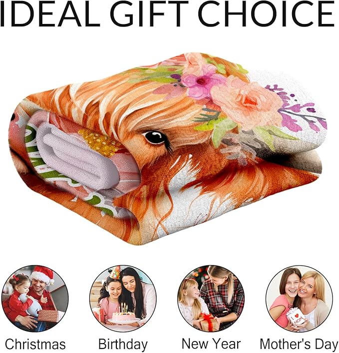 Personalized Highland Cow Blanket for Adults - 50" x 60" Inches Highland Cow Fuzzy Blanket for Teens - Pink Soft Lightweight Throw for Sofa, Bed & Travel