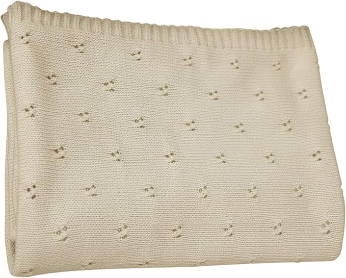 Baby Knit Blanket, 100% Cotton Eyelet Patterns, Soft, Cozy, Lightweight Swaddle for Newborn & Infant Swaddling Beige Neutral, Perfect Baby Shower Ideas Beige 30x30