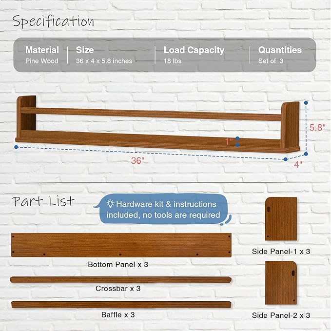 36 Inch Wall Bookshelf for Kids Room, Large Floating Nursery Book Shelves for Baby Girls Boys Toddlers (36", Walnut)