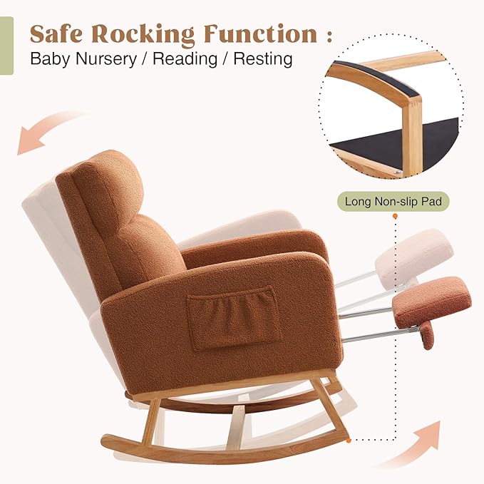 Rocking Chair Nursery with Foot Rest, Nursing Rocking Chairs for Mom Nursery, Teddy Rocker Glider with High Backrest for Living Room, Bedroom, Brown