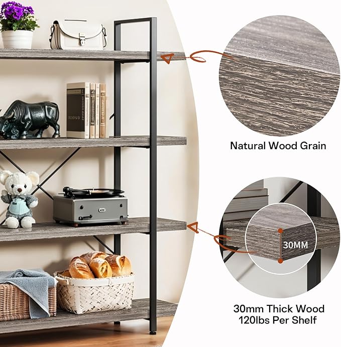 Bookcase, 47 Inch Wide Wood Bookshelf, 120lbs Shelf Capacity Estante, Rustic Open Shelving Industrial Display with Reinforced Horizontal Shelves for Living Room Bedroom Office (4 Tier - Grey)
