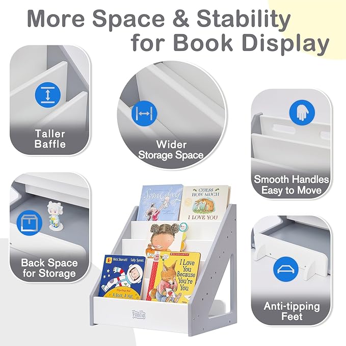 FUNLIO Montessori Bookshelf for Toddlers 1-5 Years, Front-Facing Kids Bookcase with Handle & Anti-Tilting Device, Premium Pine Baby Bookshelf, Children's Bookcase for Nursery/Classroom - Grey & White
