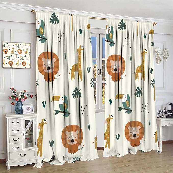 Cute Lion Window Curtains for Kids Bedroom,Cartoon Woodland Jungle Forest Wildlife Little Lion Giraffe Owl Palm Tree Printed Pattern Blackout Drapes for Living Room Baby Nursery Room 63x63in