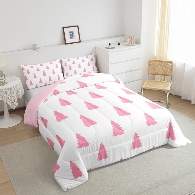 Feelyou Pink Christmas Trees Bedding Set for Kids Boys Girls Twin Size Holiday Comforter Set Ultra Soft Winter Comforter Xmas Decor Duvet Quilt Bedroom Decor Christmas Ornaments Quilt