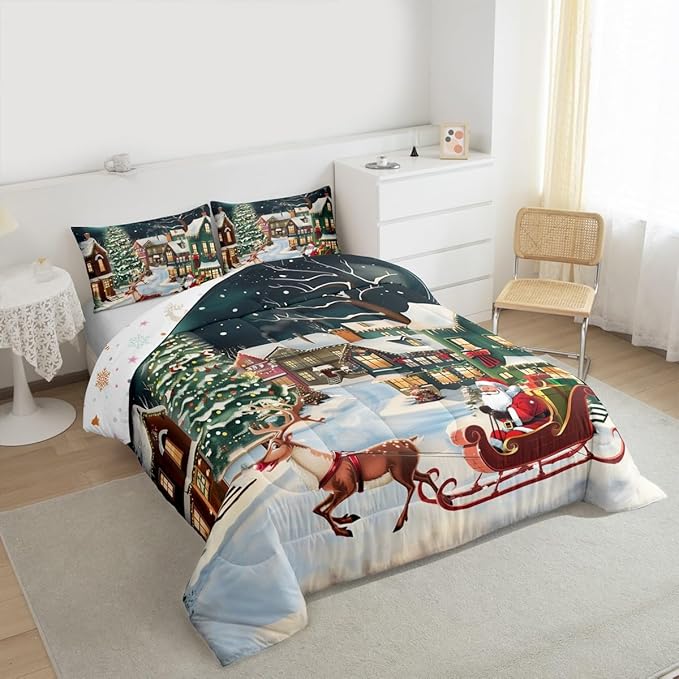 Feelyou Christmas Kids Comforter Set King Size Santa Claus Bedding Set Reindeer Sled Duvet Quilt for Kids Boys Girls Bedroom Xmas Tree Decor Microfiber Ultra Soft Breathable