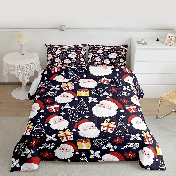 jejeloiu Santa Claus Comforter Set Queen Size Merry Christmas Bedding Set for Kids Boys Girls Xmas Themed Duvet Quilt Dark Blue Bedroom Decor