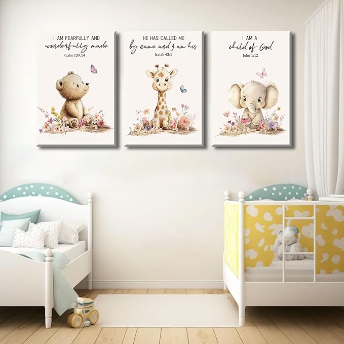 3Pcs Nursery Animal Bible Verse Canvas Wall Art Cute Bear Elephant Giraffe Wall Decor Pictures Christian Baby Nursery Posters Prints for Kids Boys Girls Room Home Decoration 16x24in