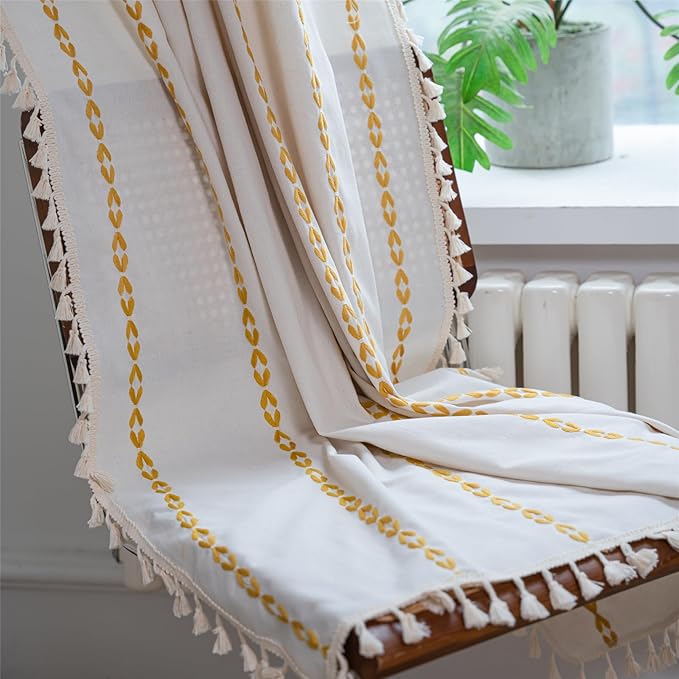 Deeprove Gold Yellow Boho Curtains 84 inches Long for Bedroom, Vintage Bohemian Embroidery Farmhouse Cotton Striped Linen Country Tassel Window Treatments Fall Thanksgiving Decor, W52 x L84, 1 Panel
