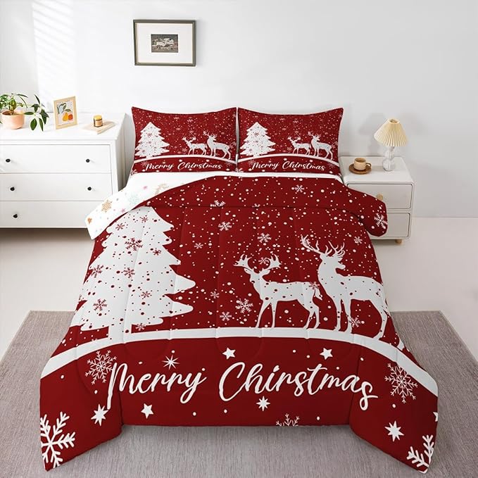 Merry Christmas Kids Comforter Set Full Size,Deer Elk Pine Trees Bedding,Girls Boys Adults Bedroom/Xmas Cabin Decor,Snowflake Romantic Down Comforter,Rustic New Year Red Duvet Insert,2 Pillowcases