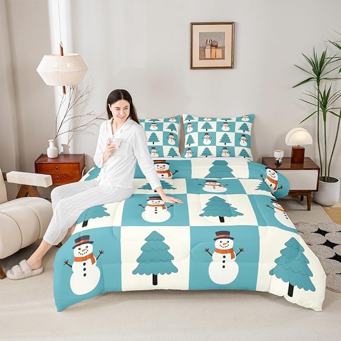 Feelyou Merry Christmas Comforter Set All Season Snowman Bedding Set with 1 Pillow Cases Xmas Tree Microfiber Kids Twin Bedclothes Bedroom Decor Duvet Quilt Breathable Soft Lightweight