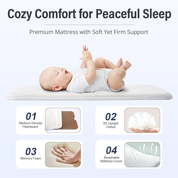 Baby Bassinet Bedside Sleeper 3-in-1, Easy Night Feeding with One-Side Fold & Rolling Wheels, Breathable Mesh, 6-Height Adjustable, Soft Mattress for Newborns