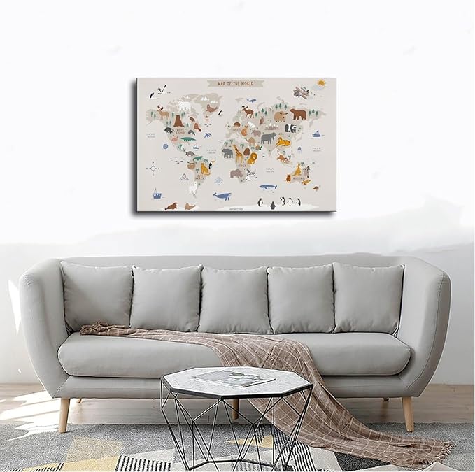 KIPNG Kids World Map - Playroom Animal World Map - Nursery Educational Poster Canvas Poster Wall Art Picture Paintings for Living Room Bedroom Decoration Unframe-style08x12inch(20x30cm)