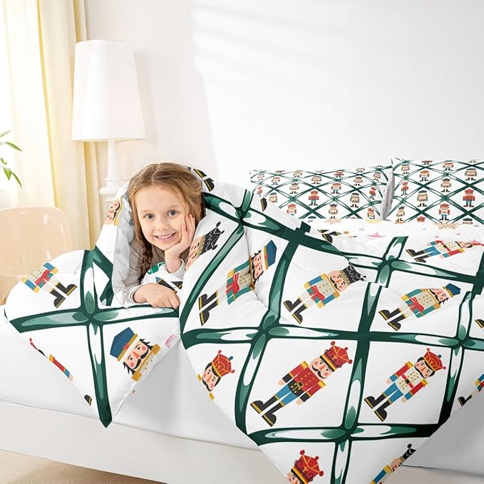Feelyou Cute Nutcracker Bedding Set Soft for Boys Girls,Green Lattice Pattern Comforter Set Queen Size Colorful Duvet Quilt Microfiber Funny Soldier Bedroom Decor Kawaii 3 Pcs with 2 Pillow Cases