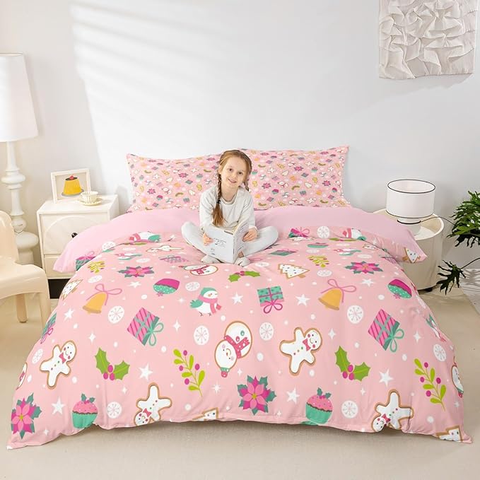 Christmas Kids Bedding Set Cartoon Christmas Tree Snowman Duvet Cover for Boys Children Teens Bedroom Decor Flower Birds Comforter Cover Set Pink New Year Bedspread Cover Full Size with 2 Pillow Case