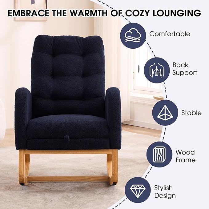 NIOIIKIT Nursery Rocking Chair, Linen Upholstered Glider Chair with Footrest, Tufted Rocker Recliner with Side Pocket, Comfy Recliner Glider, Accent Chair for Living Room (Blue Teddy)