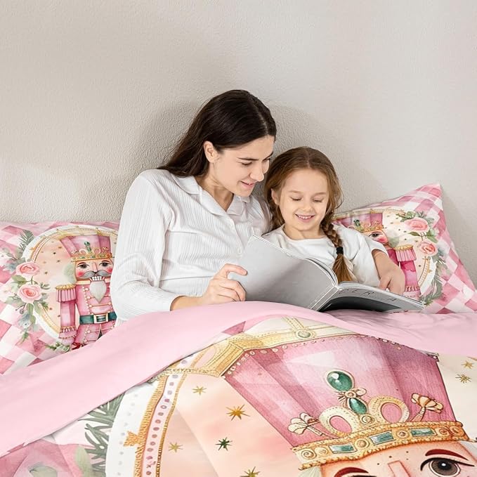 Feelyou Christmas Comforter Set All Season Pink Nutcrackers Bedding Set with 1 Pillow Cases Rose Kids Toddler Bedclothes Floral Bedroom Decor Funny Nutcracker Duvet Quilt Breathable Soft Lightweight