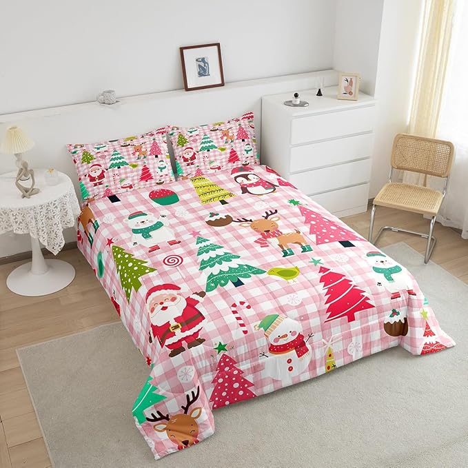 Castle Fairy Merry Christmas Kids Full Size Comforter Set,Cartoon Xmas Style Cute Animals Bedding Comforters Bedroom Collection,Santa Claus Pine Trees Pink Checkered Bedding Set for Girls Teens