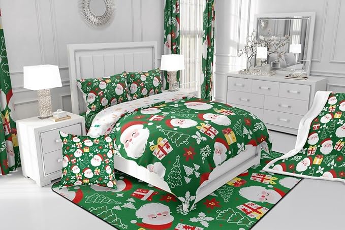 jejeloiu Santa Claus Comforter Set Twin Size Merry Christmas Bedding Set for Kids Boys Girls Xmas Themed Duvet Quilt Green Bedroom Decor