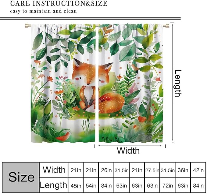 Kids Fox Blackout Curtain Cute Cartoon Fox Window Treatment for Girls Boys Bedroom Wildlife Woodland Animal Botanical Plant Window Drapes for Living Room Teens Nursery W42xL63