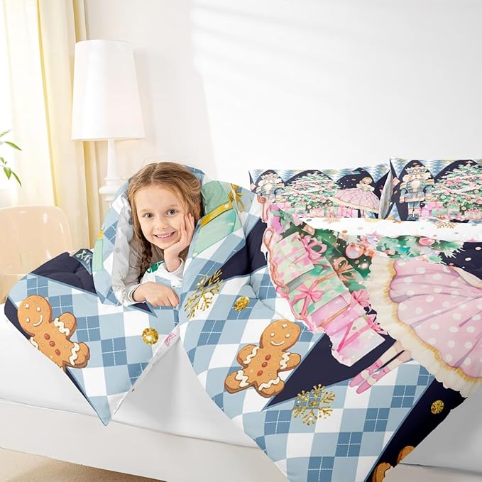 jejeloiu Christmas Nutcracker Comforter Set Twin Size Gingerbread Man Bedding Set for Kids Boys Girls Xmas Tree Duvet Quilt Dark Blue Bedroom Decor