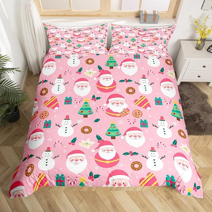 Christmas Santa Comforter Cover Full Size Cute Snowman Duvet Cover Xmas Holiday Bedding Set Gifts for Kids Boys Girls,Christmas Tree Snowflake Candy Decor 2 Pillow Cases Pink