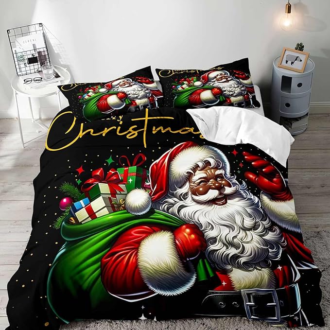 LUVIVIHOME 3PCS Black Santa Claus Duvet Cover Queen Bedding Set, Christmas Bedding, Holiday Xmas Gifts Black Comforter Quilt Cover, African American Christmas Decorations, Bed in a Bag, 2 Pillow Shams