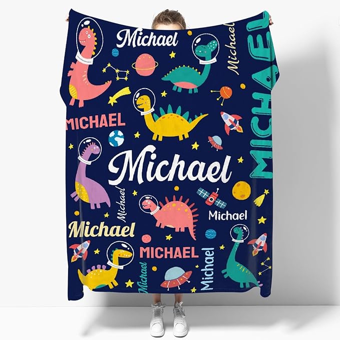 Dinosaur Lover Personalized Blanket with Custom Baby Dinosaur Custom Name Flannel Blanket Soft Throw Meaningful Gift for Toddlers Girls Boys Kids Pets 80 * 60" L for Adult