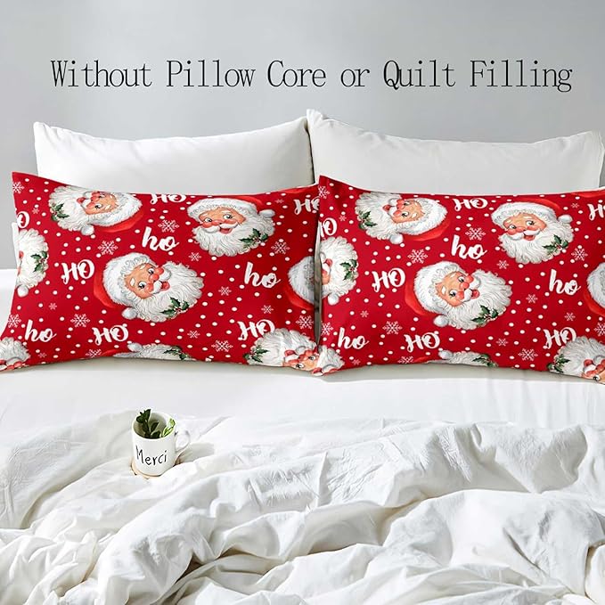 LUVIVIHOME 3PCS Santa Claus Duvet Cover Queen Bedding Sets, Red Duvet Cover, Christmas Bedding, Polka Dot Snowflake Holiday New Year Xmas Gifts Christmas Comforter Bedspread Quilt Cover 2 Pillow Cases