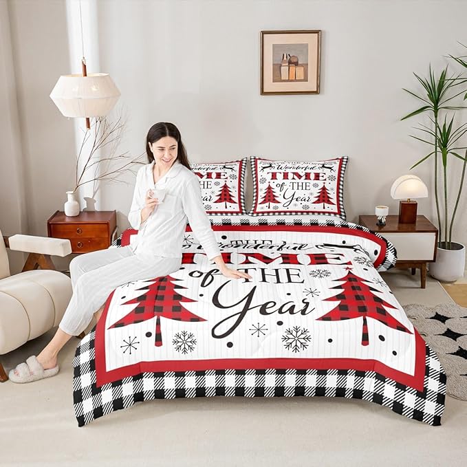 Merry Christmas Kids Comforter Set King Size,Snowflake Deer Pine Trees Romantic Bedding,Girls Boys Adults Bedroom/Xmas Cabin Decor,Grids Stylish Down Comforter,Rustic Duvet Insert,2 Pillowcases