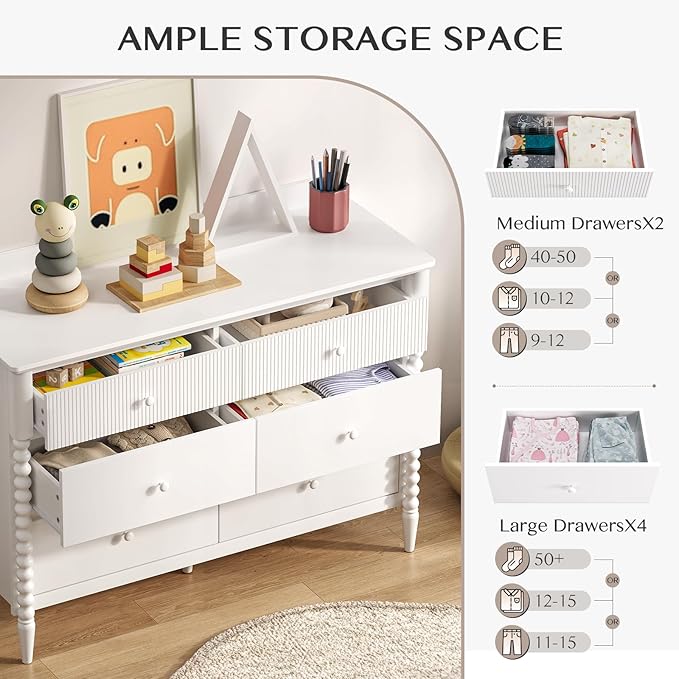 6 Drawer Dresser, Kids Dresser with Storage, Wide Chest of Drawers for Nursery, Wood Large Drawer Organizer Cabinet for Bedroom, Living Room, White
