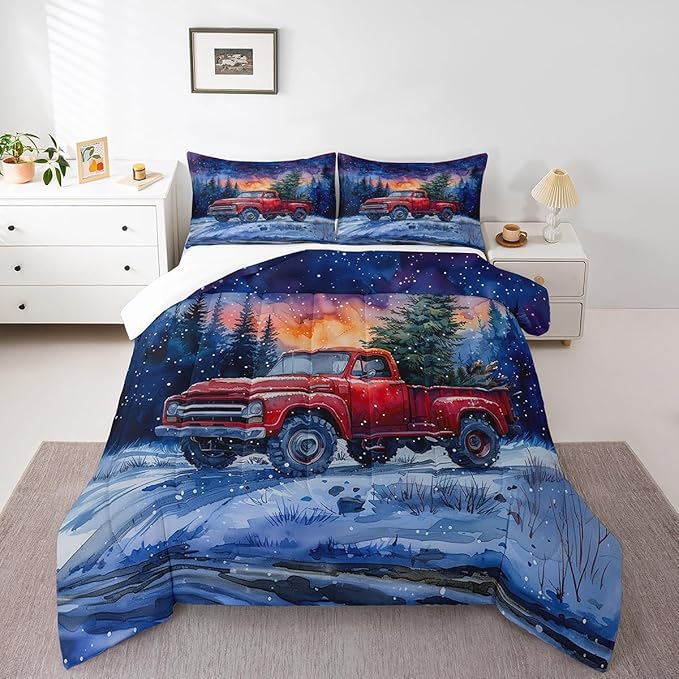 Red Truck Kids Comforter Set Twin Size,Christmas Tree Snowflake Bedding Set for Teens Boys Girls Room Decor,Woodland Nature Scenery Quilt Set 2Pcs,Merry Christmas Theme Duvet Insert,1 Pillowcase