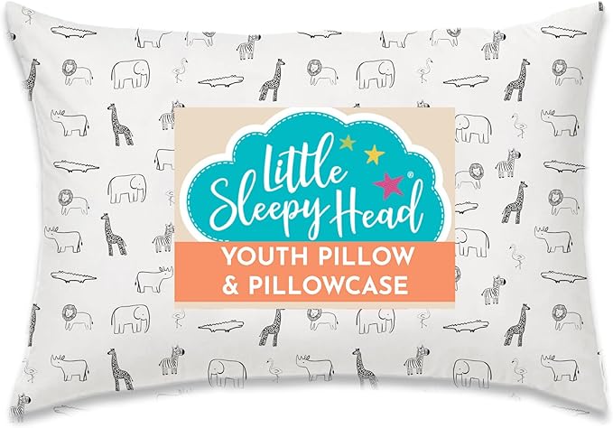 Little Sleepy Head Youth Pillow with Pillowcase 16x22, Soft Jumbo Toddler Pillows, Hypoallergenic Pillow Case - Best Kids Pillows for Sleeping, Perfect Kids Travel Pillows (Animal Adventure)