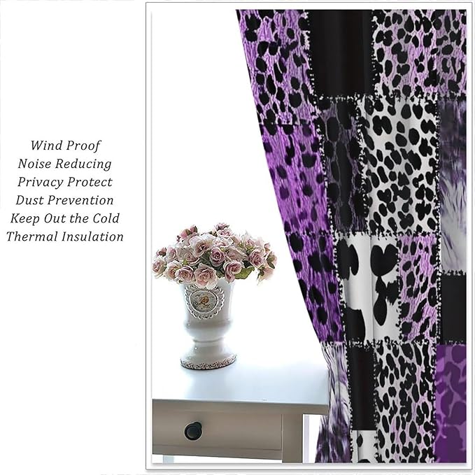 Brown Leopard Curtain, Purple Patchwork Cheetah Panthera Zebra Giraffe Print Safari Wildlife African Wild Animal Skin Window Curtains for Living Room Bedroom 55" W X 63" L