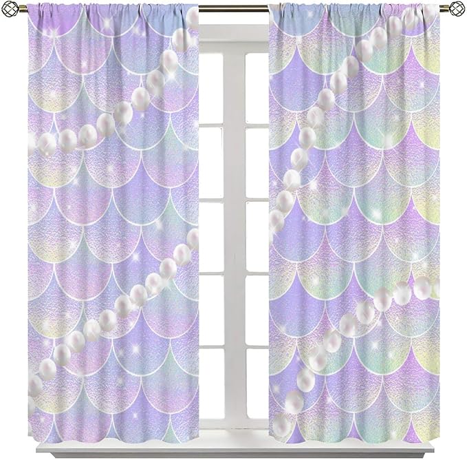 Mermaid Curtains, Gradient Color Pink Purple Pearl Ocean Theme Mermaid Fish Scale Print Decoration Suitable for Children Girls Bedroom Nursery Curtains 63x72 Inch