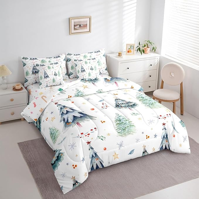 Feelyou Christmas Bed Set Xmas Tree Comforter Set with Sheets Snowflake Watercolor Blue Bed in a Bag for Kids Boys Girls Room Decor New Year Theme Bedding Set Bedroom Collection Queen Size