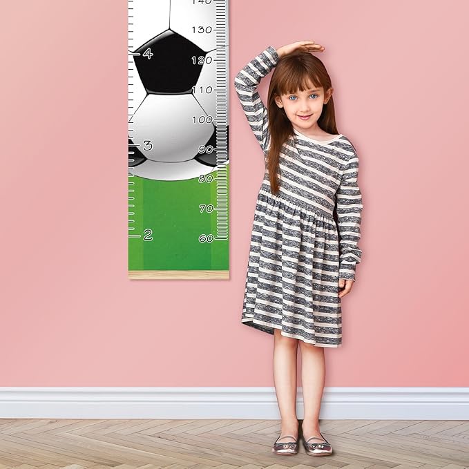 Personalized Kids Name Growth Chart Ruler for Wall Wood Frame Height Measure Chart 13.4x56 in Linen Hanging Height Growth Chart Football Soccer Kids Room Decor